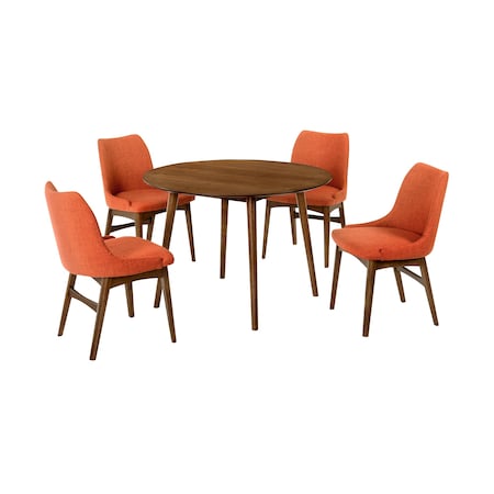 Armen Living Arcadia and Azalea 42" Round Orange and Walnut Wood 5 Piece Dining Set SETARDI5AZWAOR42